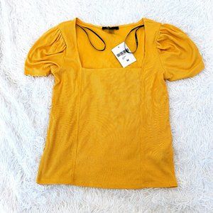 F21 Yellow Square Neck Ribbed Short Sleeve Top